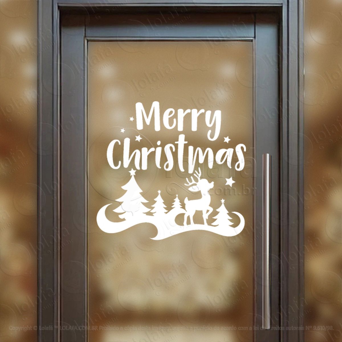 Frase Merry Christmas Cenário Rena Adesivo de Natal para Vitrine, Parede, Porta - Fácil Remoção Mod:409