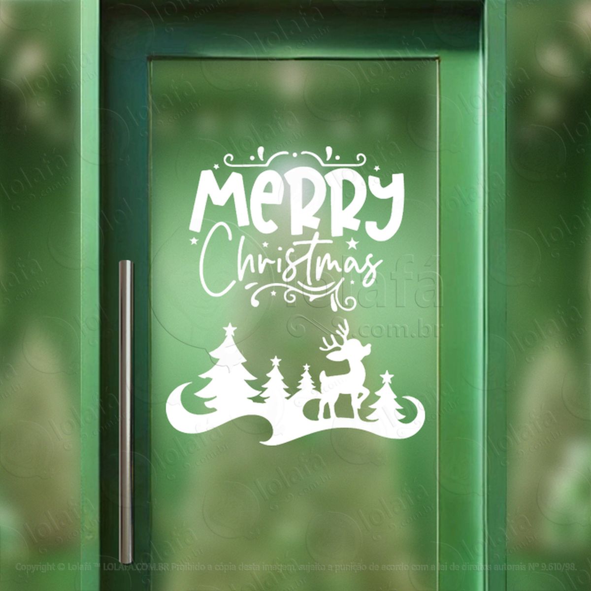 Frase Merry Christmas Cenário Rena Adesivo de Natal para Vitrine, Parede, Porta - Fácil Remoção Mod:410
