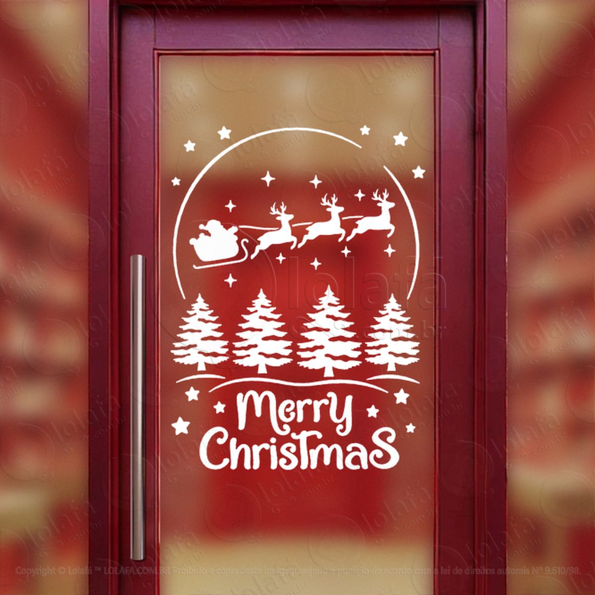 Frase Merry Christmas Trenó Árvores Adesivo de Natal para Vitrine, Parede, Porta - Fácil Remoção Mod:411