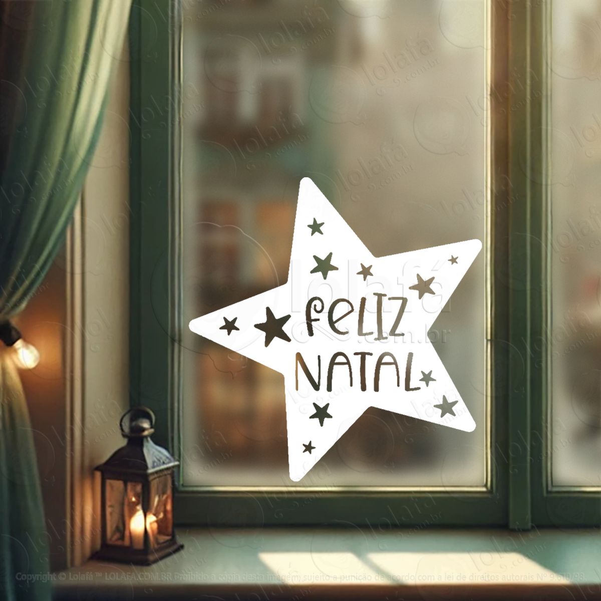 Frase Feliz Natal na Estrela Adesivo de Natal para Vitrine, Parede, Porta - Fácil Remoção Mod:424