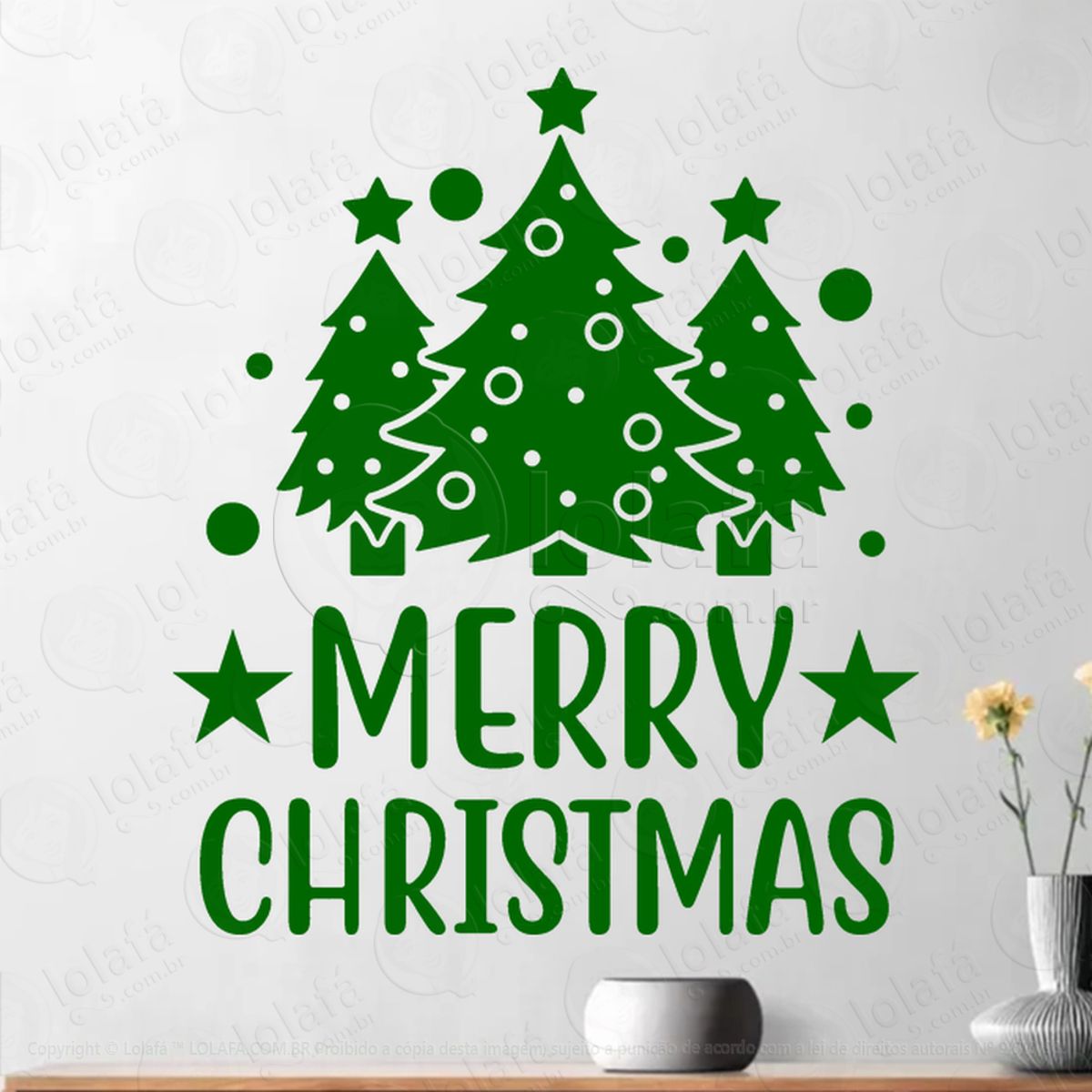 Frase Merry Christmas e Árvores Adesivo de Natal para Vitrine, Parede, Porta - Fácil Remoção Mod:439