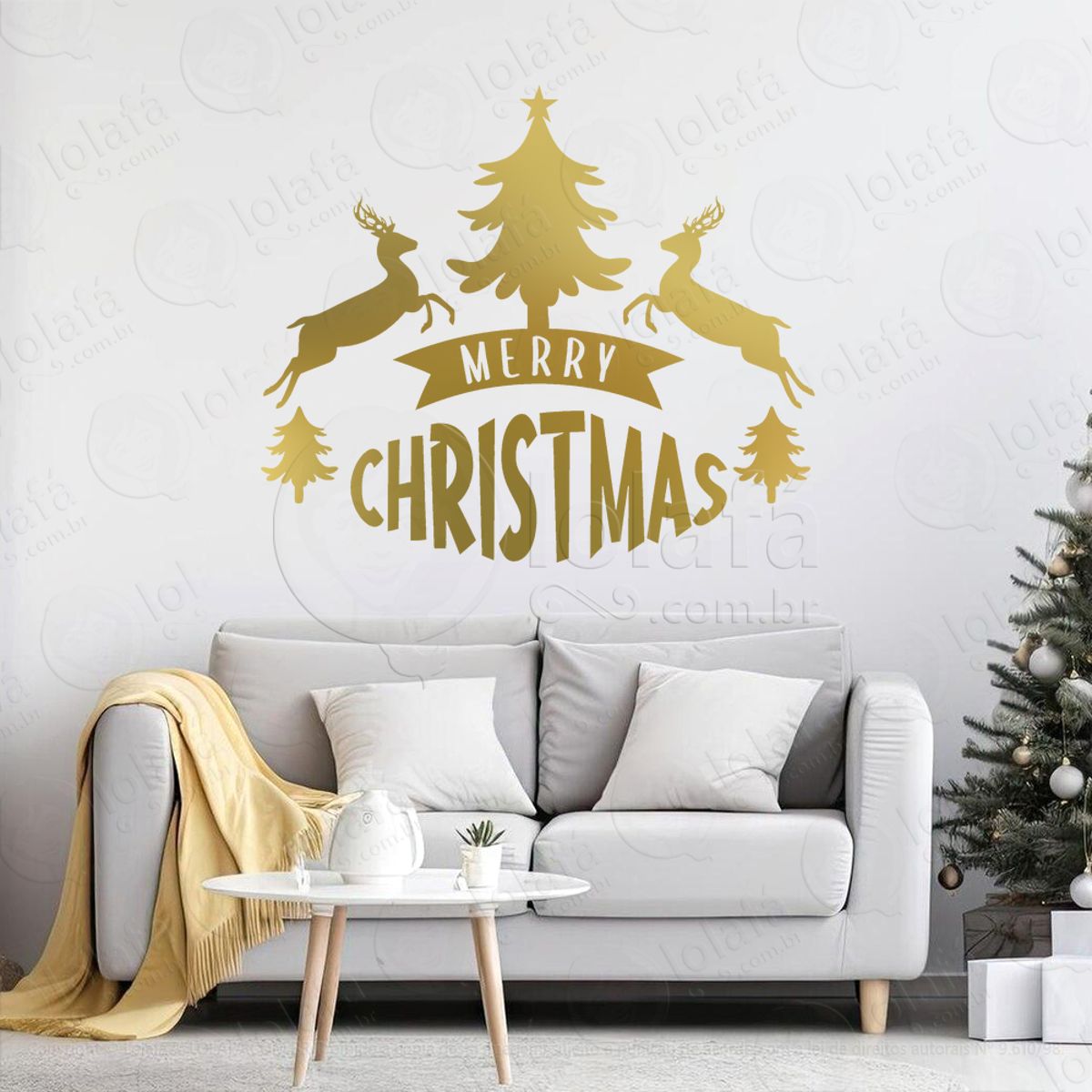 Frase Merry Christmas e Renas Adesivo de Natal para Vitrine, Parede, Porta - Fácil Remoção Mod:440