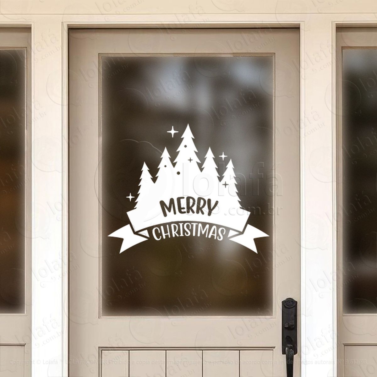 Frase Merry Christmas e Árvores Adesivo de Natal para Vitrine, Parede, Porta - Fácil Remoção Mod:448