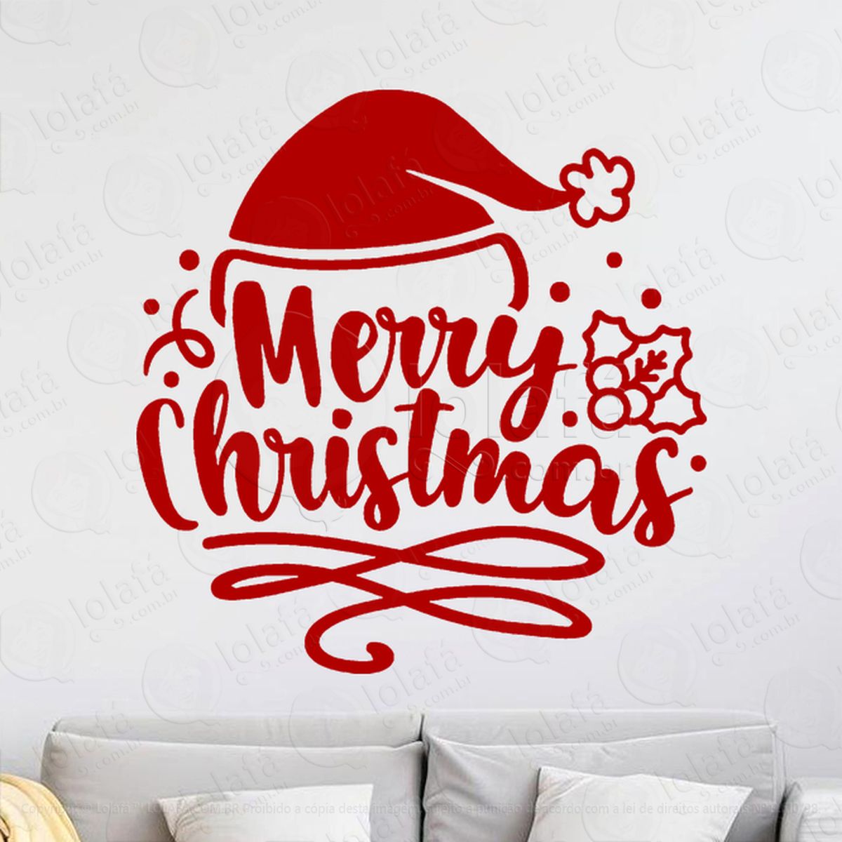 Frase Merry Christmas Gorro do Noel Adesivo de Natal para Vitrine, Parede, Porta - Fácil Remoção Mod:450