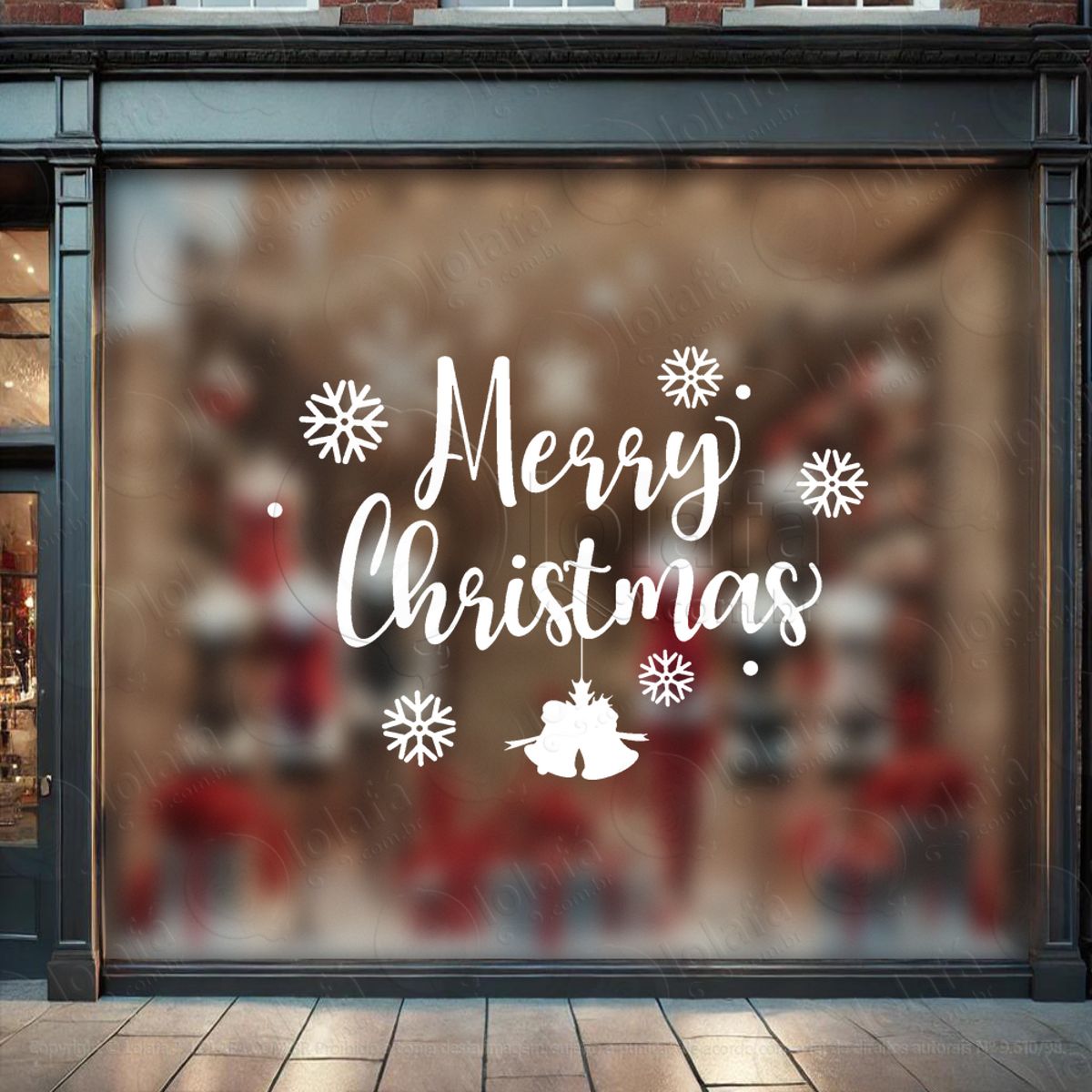 Frase Merry Christmas Flocos Sinos Adesivo de Natal para Vitrine, Parede, Porta - Fácil Remoção Mod:460