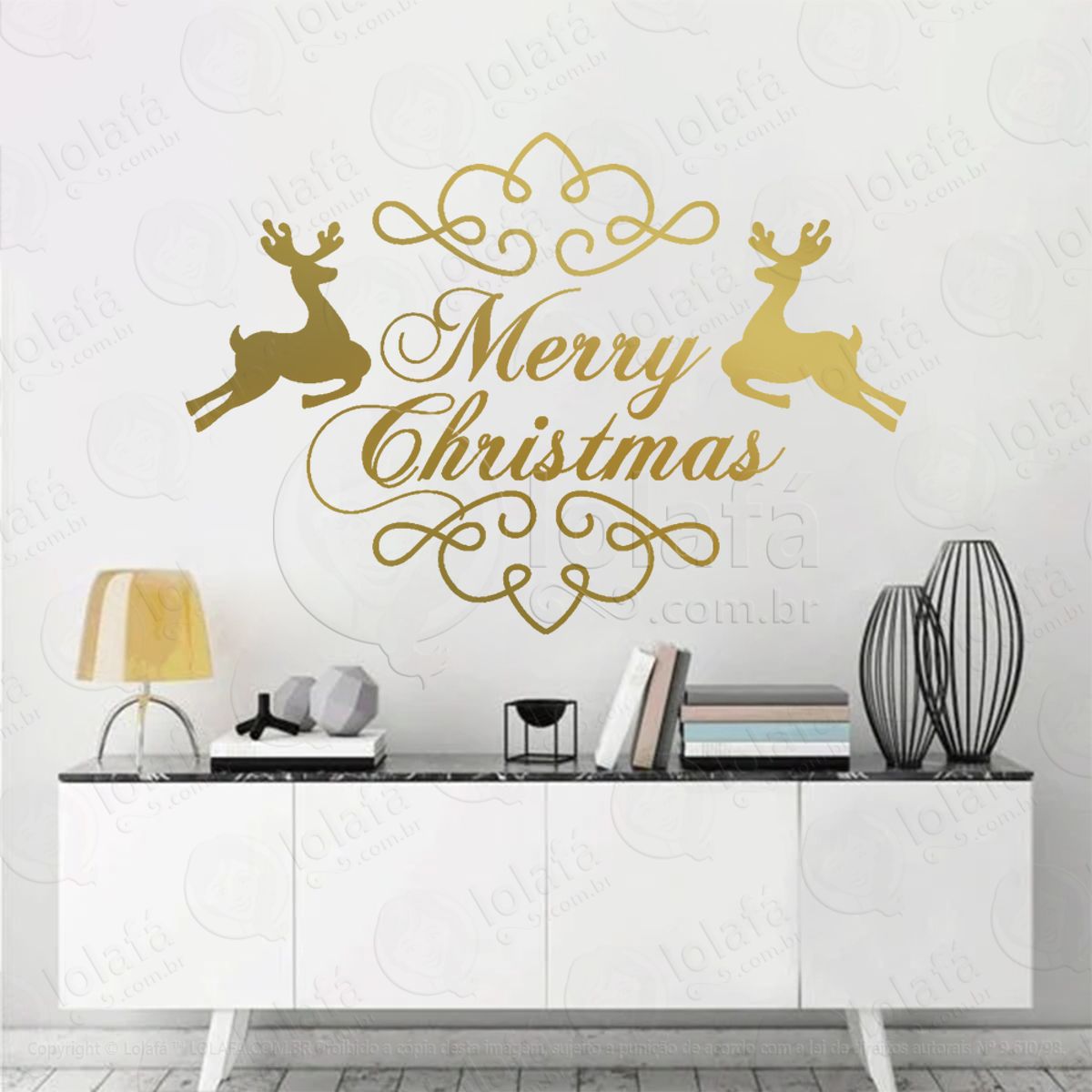 Frase Merry Christmas com Renas Adesivo de Natal para Vitrine, Parede, Porta - Fácil Remoção Mod:465