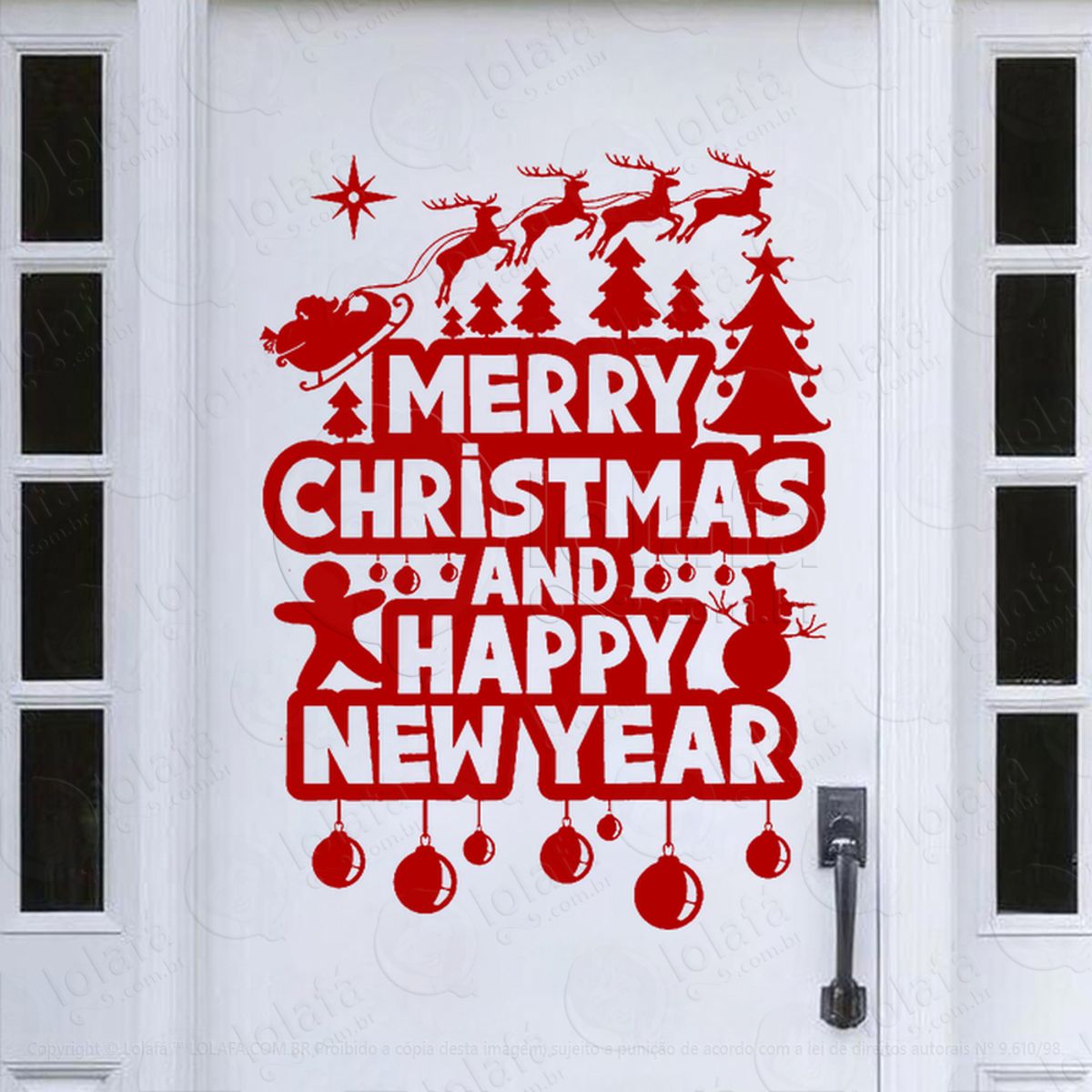 Frase Merry Christmas & New Year Adesivo de Natal para Vitrine, Parede, Porta - Fácil Remoção Mod:467