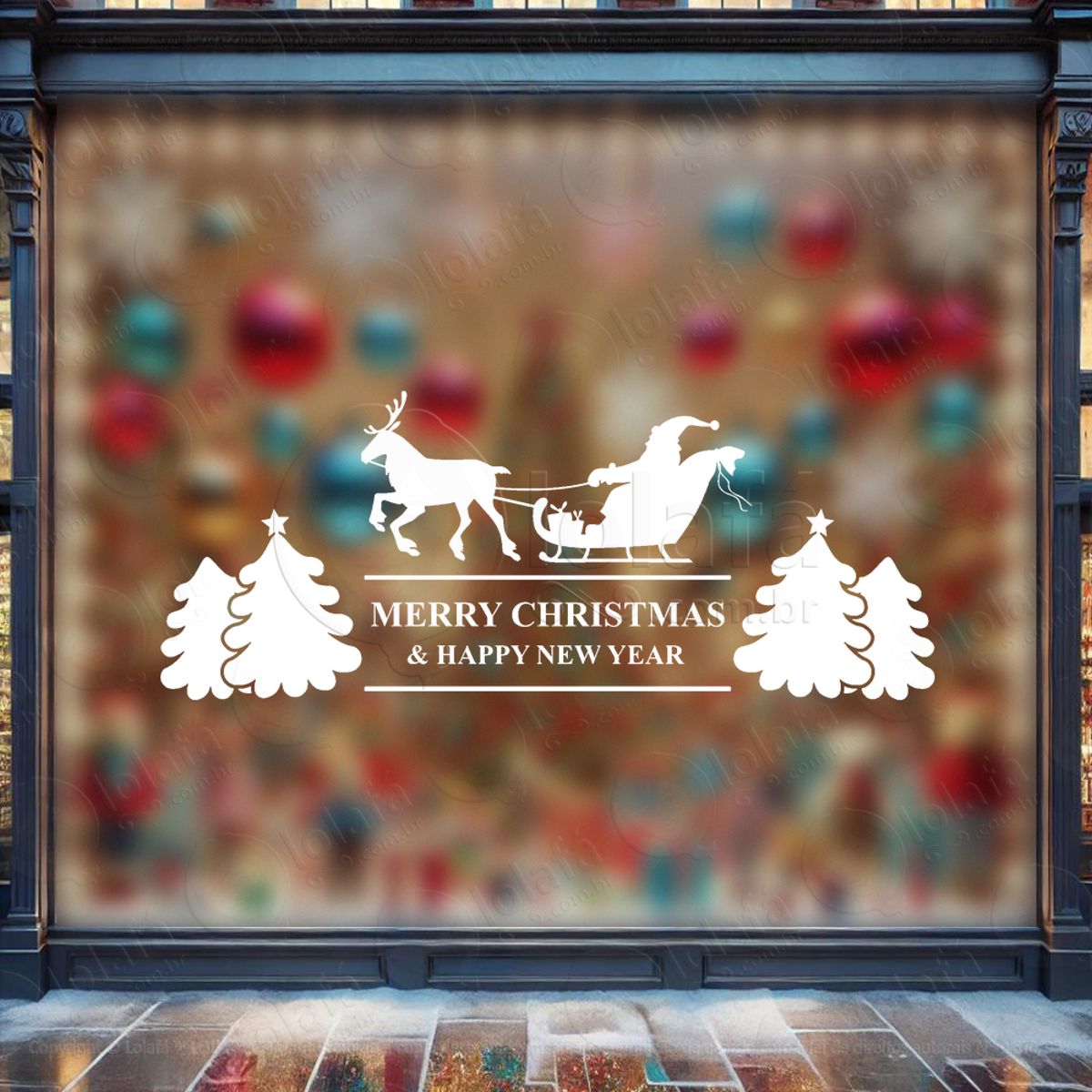 Frase Merry Christmas & New Year Adesivo de Natal para Vitrine, Parede, Porta - Fácil Remoção Mod:469
