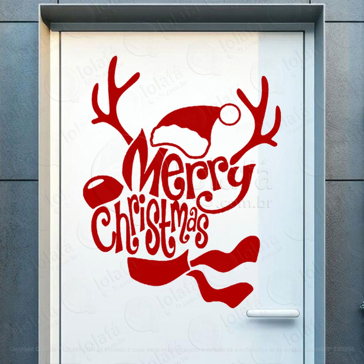 Frase Merry Christmas Rena Adesivo de Natal para Vitrine, Parede, Porta - Fácil Remoção Mod:472
