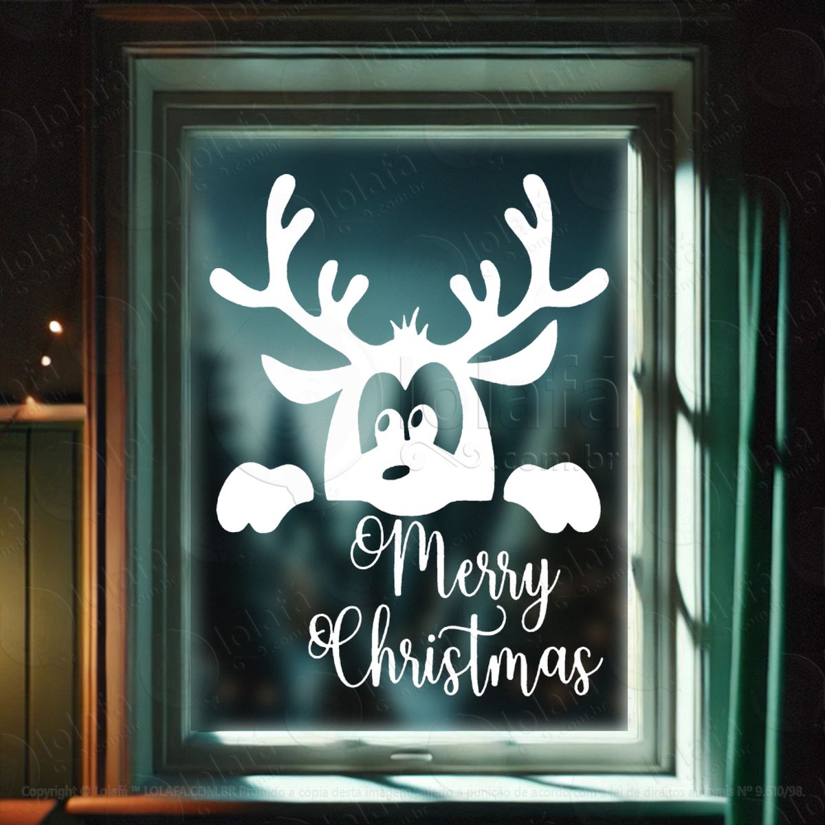 Frase Merry Christmas e Rena Adesivo de Natal para Vitrine, Parede, Porta - Fácil Remoção Mod:473