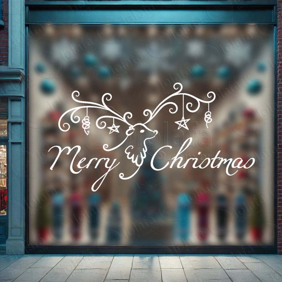 Frase Merry Christmas e Rena Adesivo de Natal para Vitrine, Parede, Porta - Fácil Remoção Mod:476