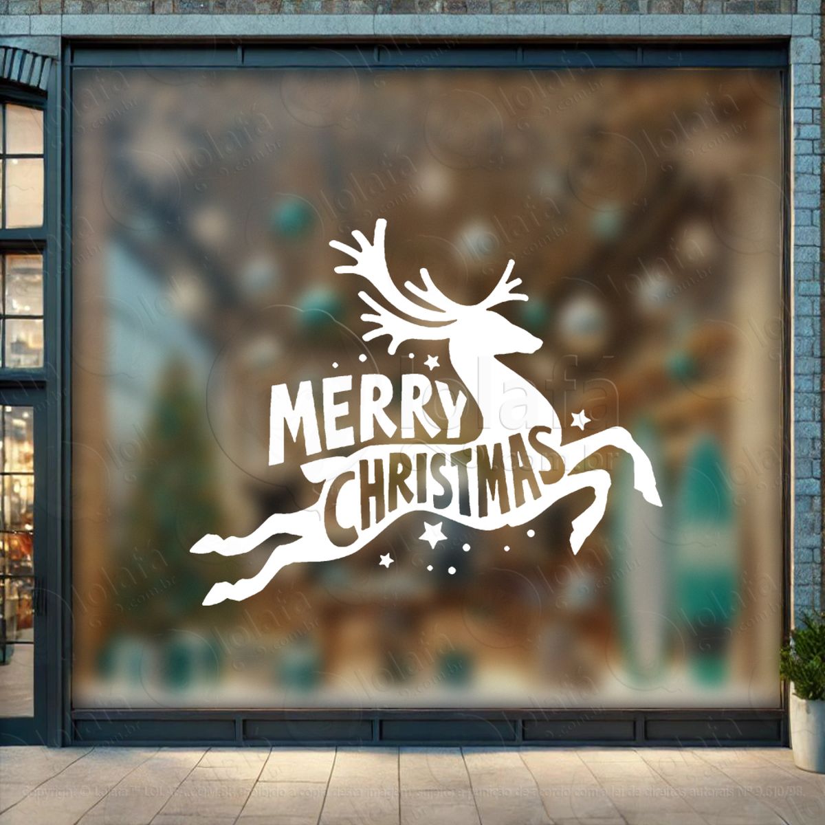 Frase Merry Christmas e Rena Adesivo de Natal para Vitrine, Parede, Porta - Fácil Remoção Mod:477