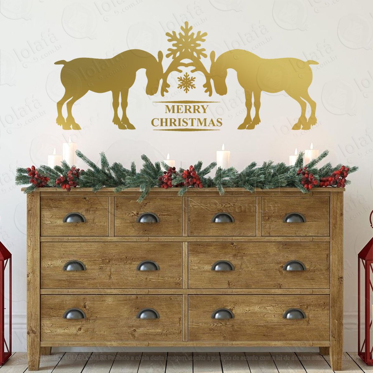 Frase Merry Christmas e Renas Adesivo de Natal para Vitrine, Parede, Porta - Fácil Remoção Mod:479
