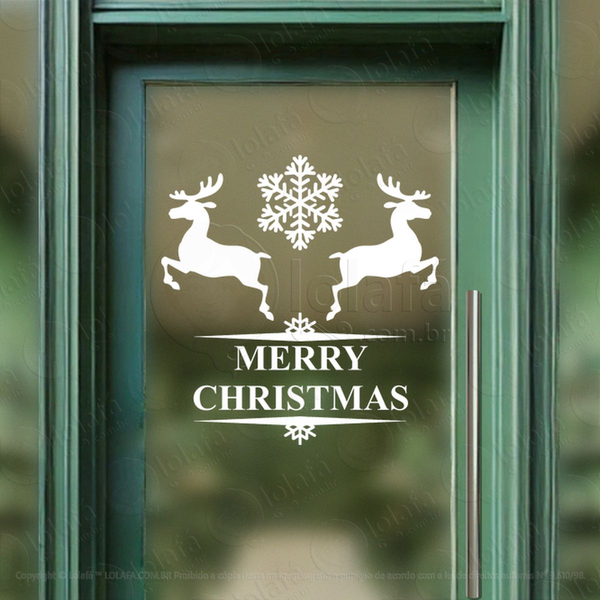 Frase Merry Christmas e Renas Adesivo de Natal para Vitrine, Parede, Porta - Fácil Remoção Mod:480