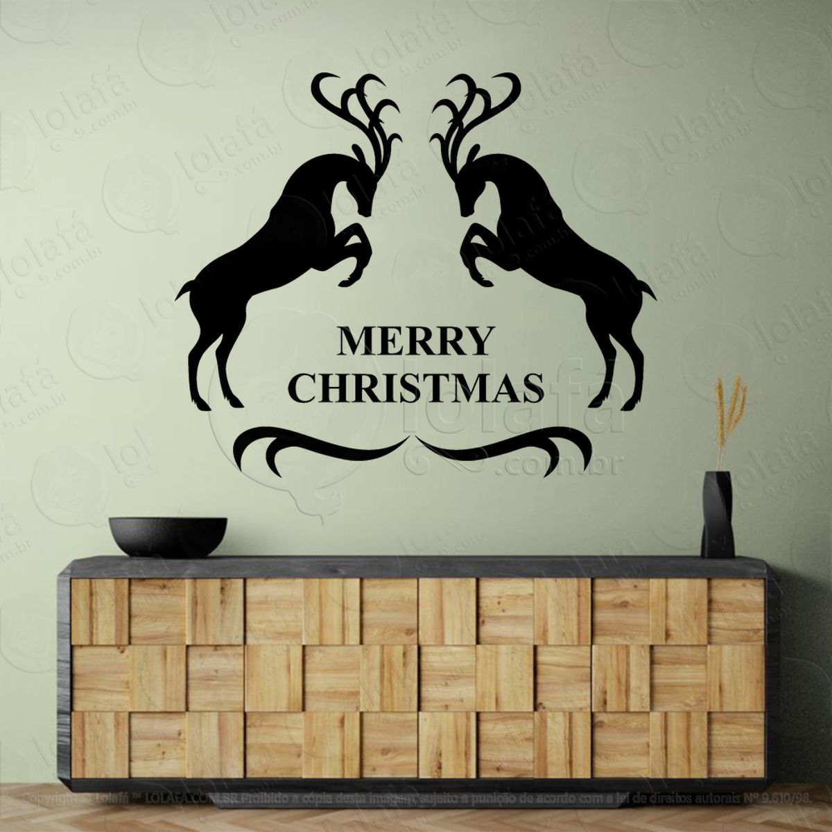 Frase Merry Christmas e Renas Adesivo de Natal para Vitrine, Parede, Porta - Fácil Remoção Mod:481
