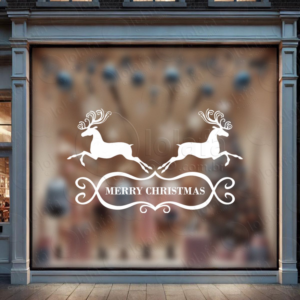 Frase Merry Christmas e Renas Adesivo de Natal para Vitrine, Parede, Porta - Fácil Remoção Mod:482