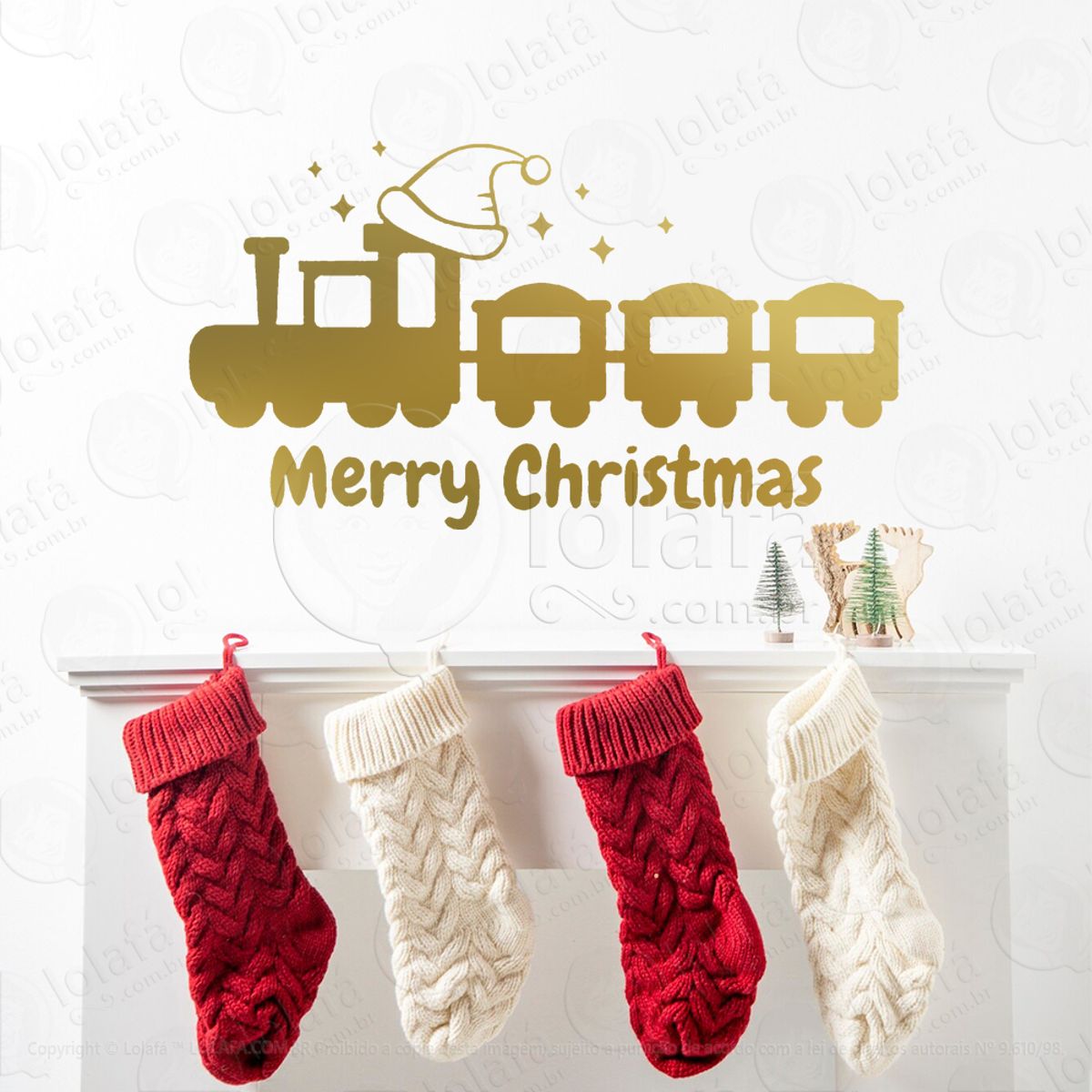 Frase Merry Christmas e Trem Adesivo de Natal para Vitrine, Parede, Porta - Fácil Remoção Mod:484