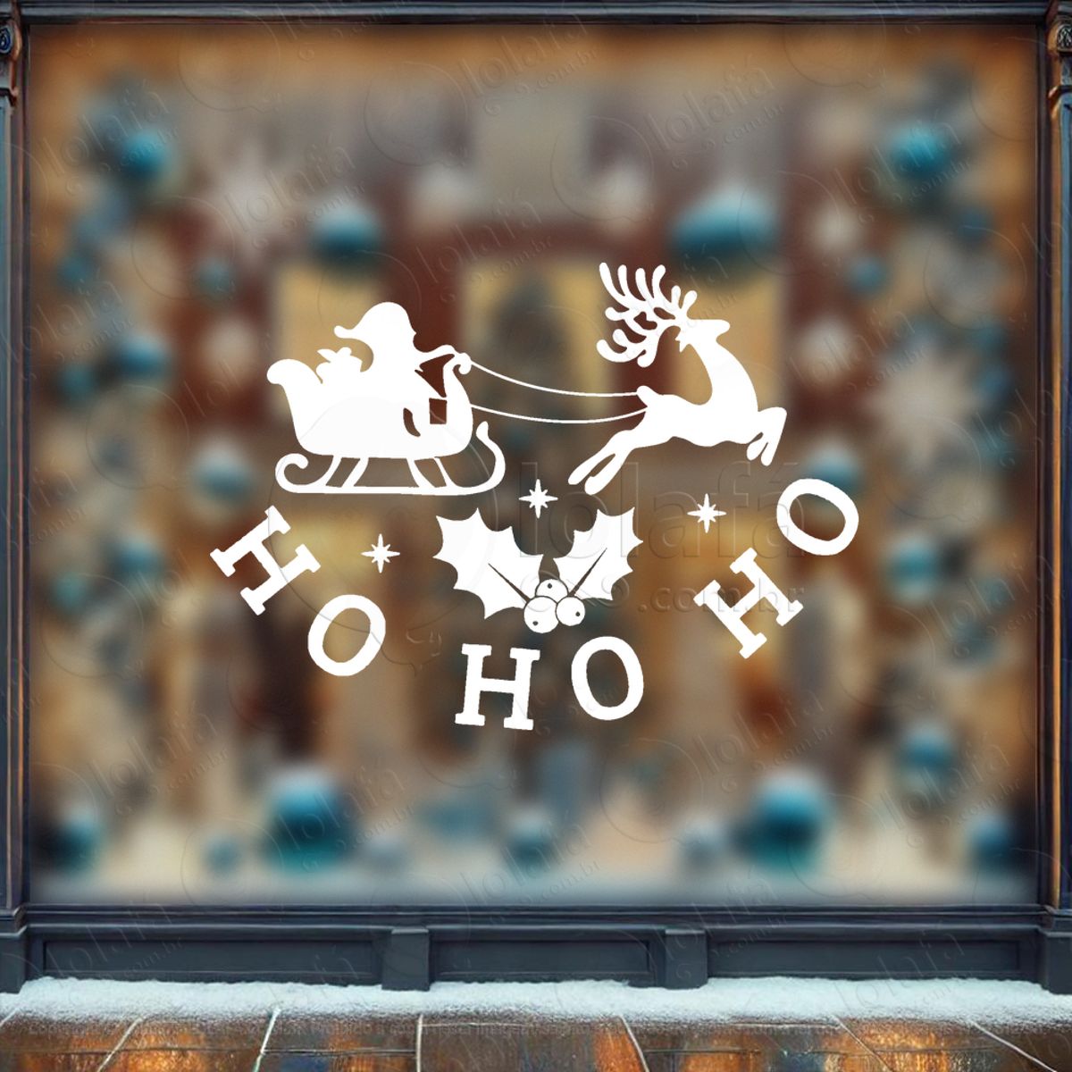 Trenó do Papai Noel Frase Ho Ho Ho Adesivo de Natal para Vitrine, Parede, Porta - Fácil Remoção Mod:494