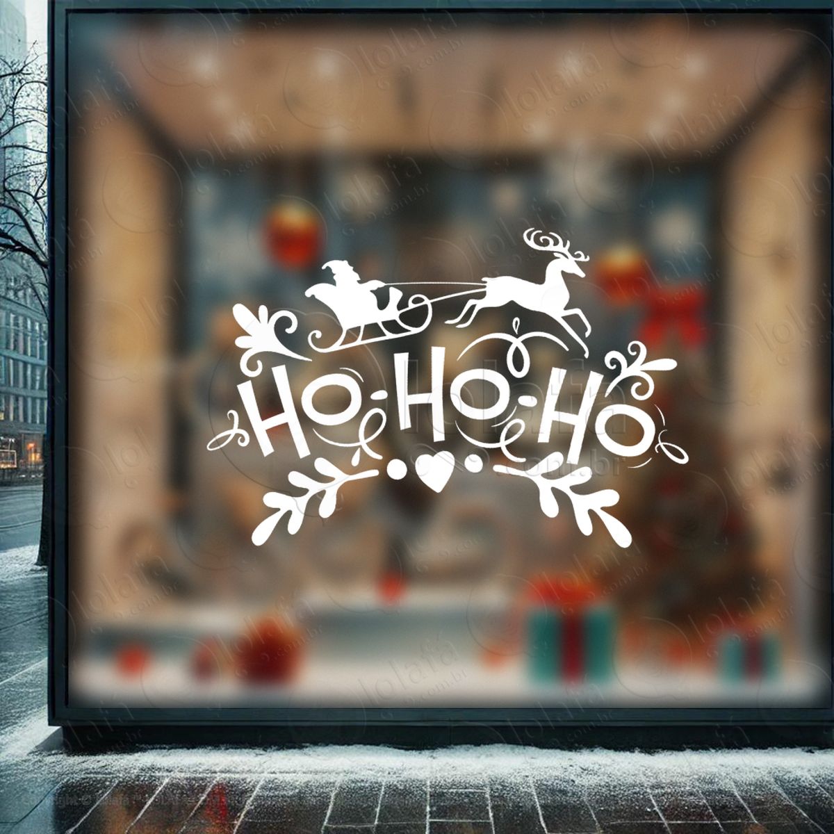 Trenó do Papai Noel Frase Ho Ho Ho Adesivo de Natal para Vitrine, Parede, Porta - Fácil Remoção Mod:501