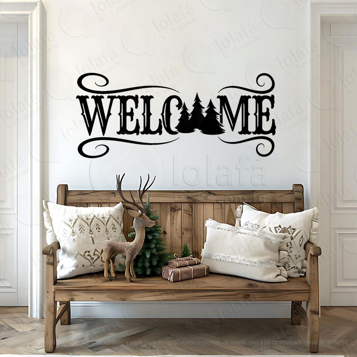 Frase Welcome e Pinheiros Adesivo de Natal para Vitrine, Parede, Porta - Fácil Remoção Mod:512