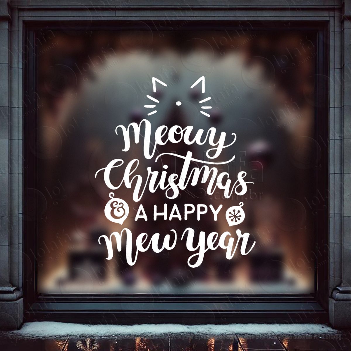 Gato Pet e Frase Meowy Christmas Adesivo de Natal para Vitrine, Parede, Porta - Fácil Remoção Mod:522