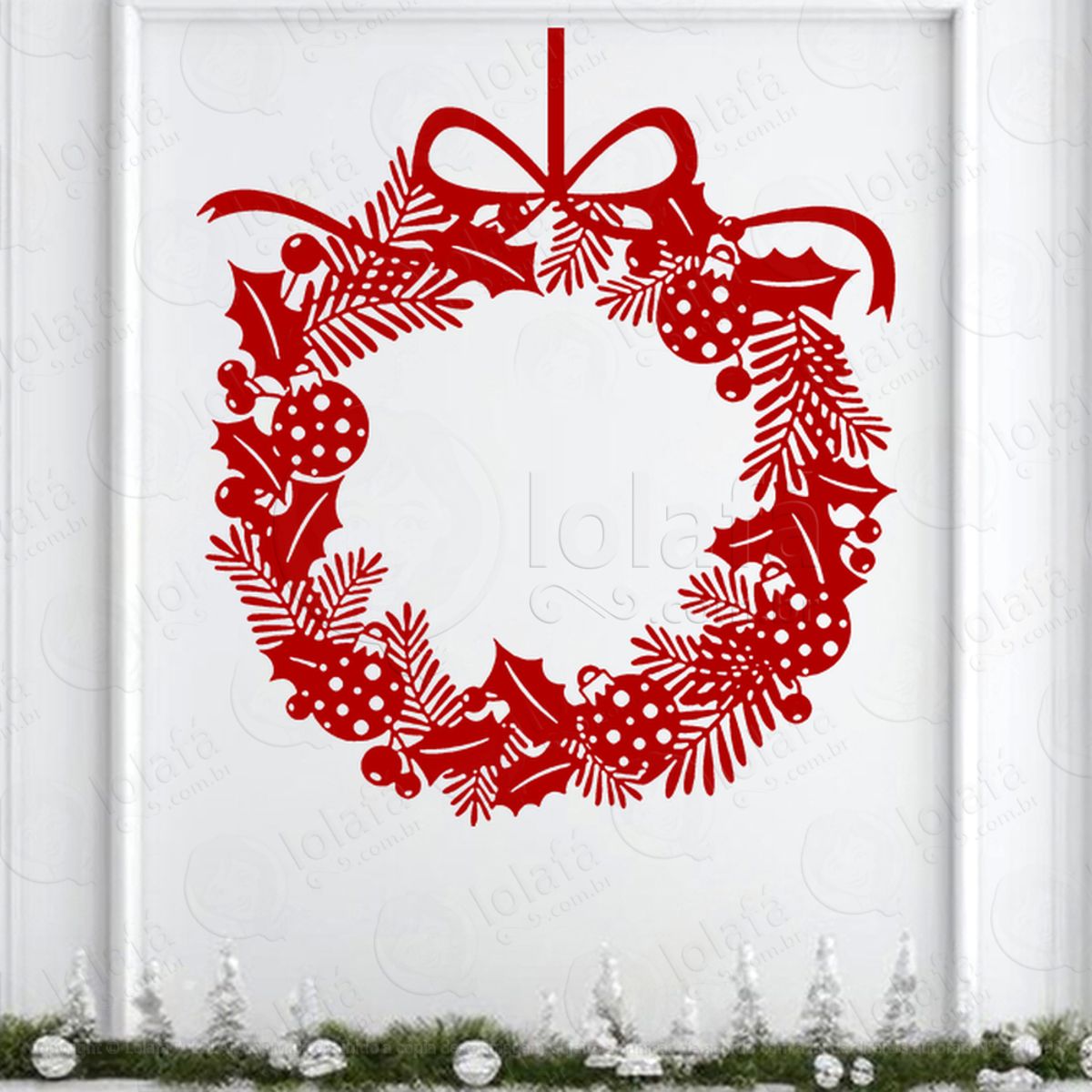 Guirlanda de Natal Folhas e Laço Adesivo de Natal para Vitrine, Parede, Porta - Fácil Remoção Mod:533