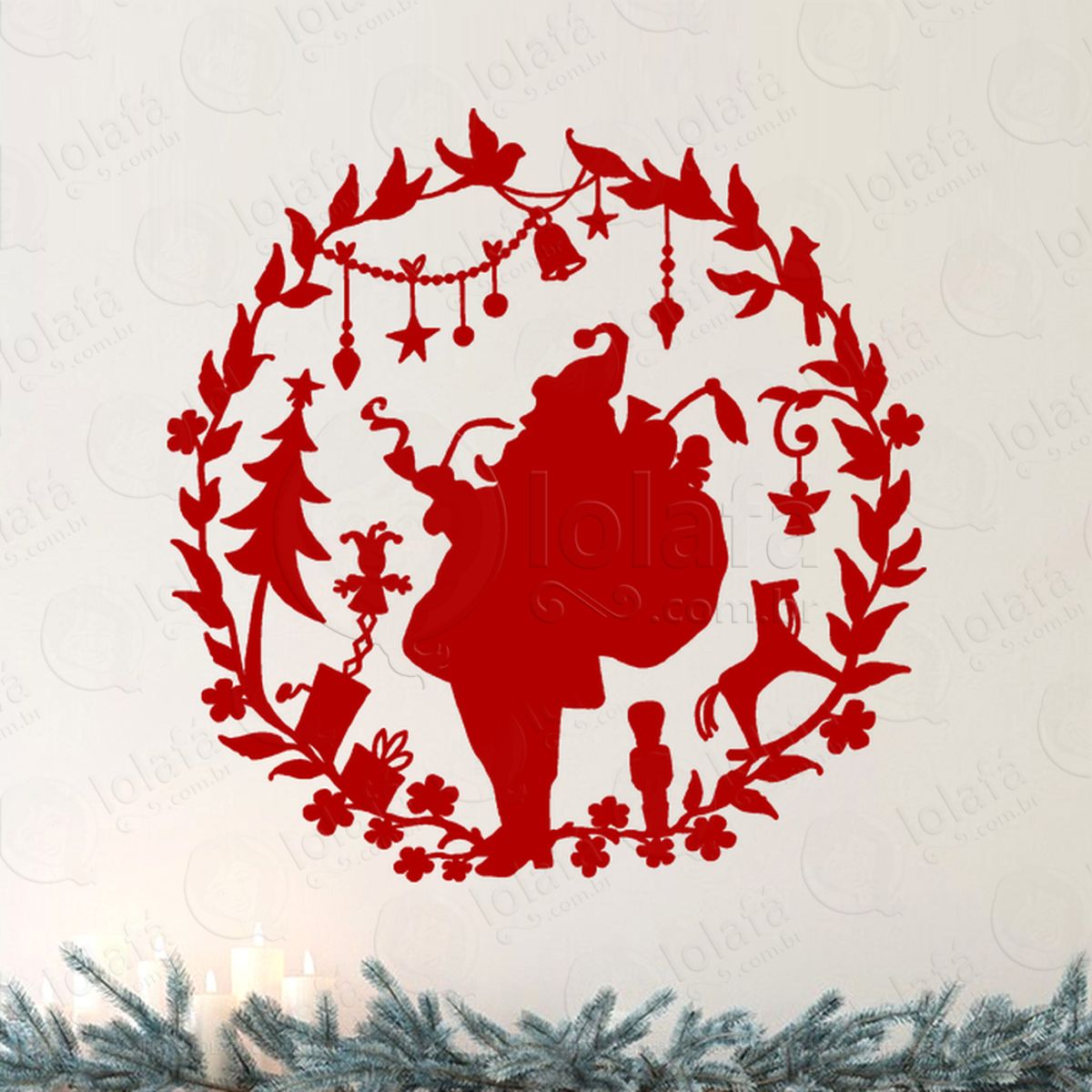 Guirlanda de Natal com Papai Noel Adesivo de Natal para Vitrine, Parede, Porta - Fácil Remoção Mod:562