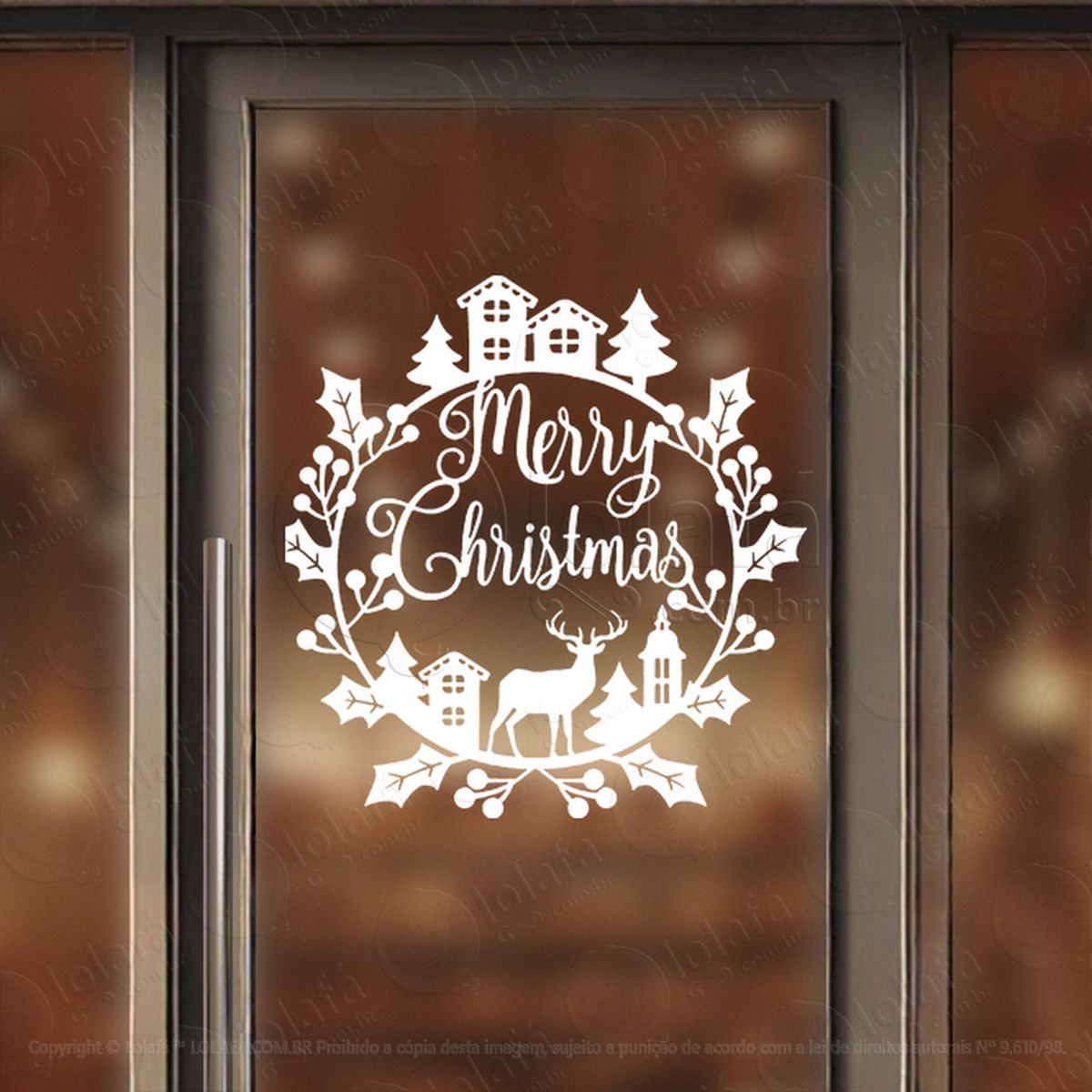 Guirlanda de Natal Merry Christmas Adesivo de Natal para Vitrine, Parede, Porta - Fácil Remoção Mod:580