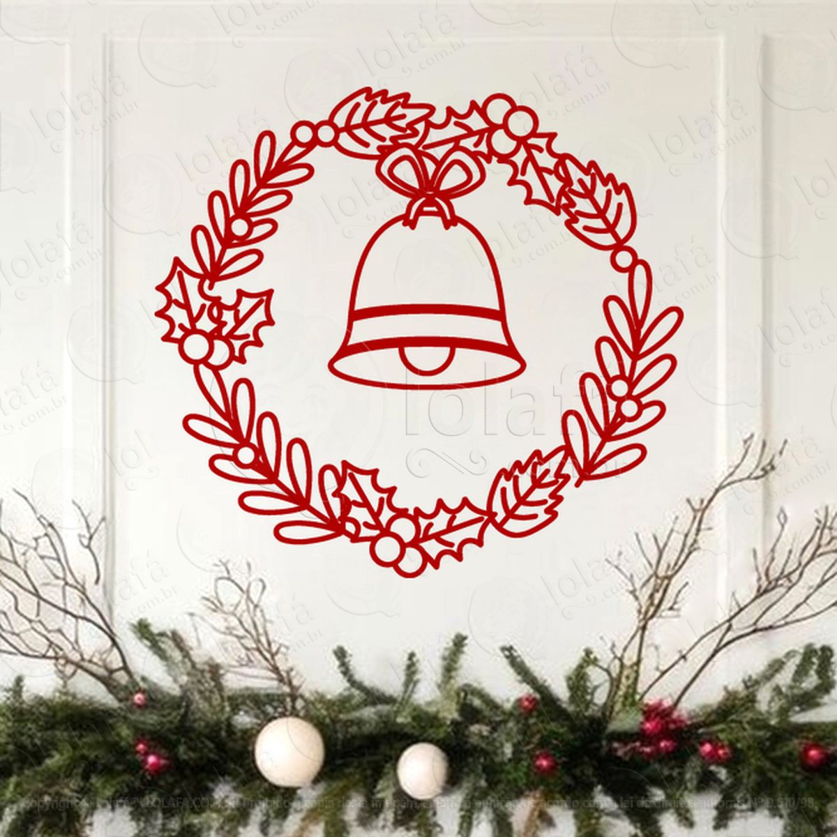 Guirlanda de Natal Sino e Folhas Adesivo de Natal para Vitrine, Parede, Porta - Fácil Remoção Mod:588