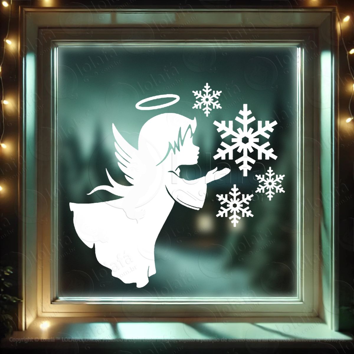 Anjo com Flocos de Neve Adesivo de Natal para Vitrine, Parede, Porta - Fácil Remoção Mod:638