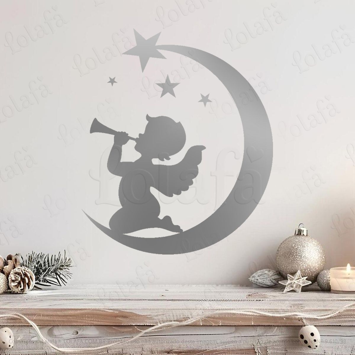 Anjo na Lua Tocando Trombeta Adesivo de Natal para Vitrine, Parede, Porta - Fácil Remoção Mod:641