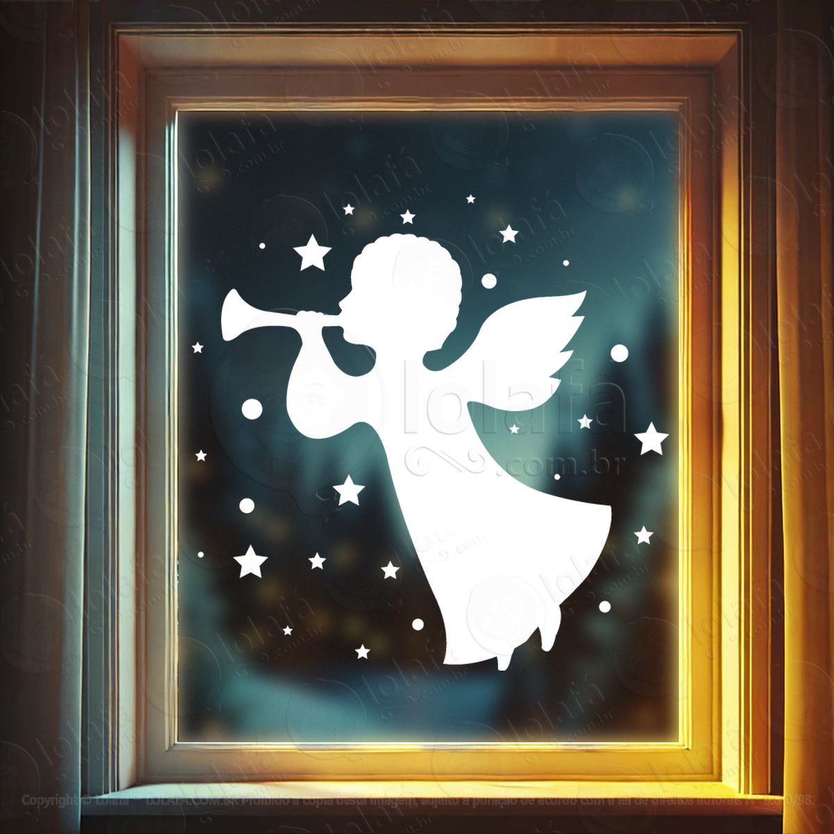 Anjo Tocando Trombeta e Estrelas Adesivo de Natal para Vitrine, Parede, Porta - Fácil Remoção Mod:645
