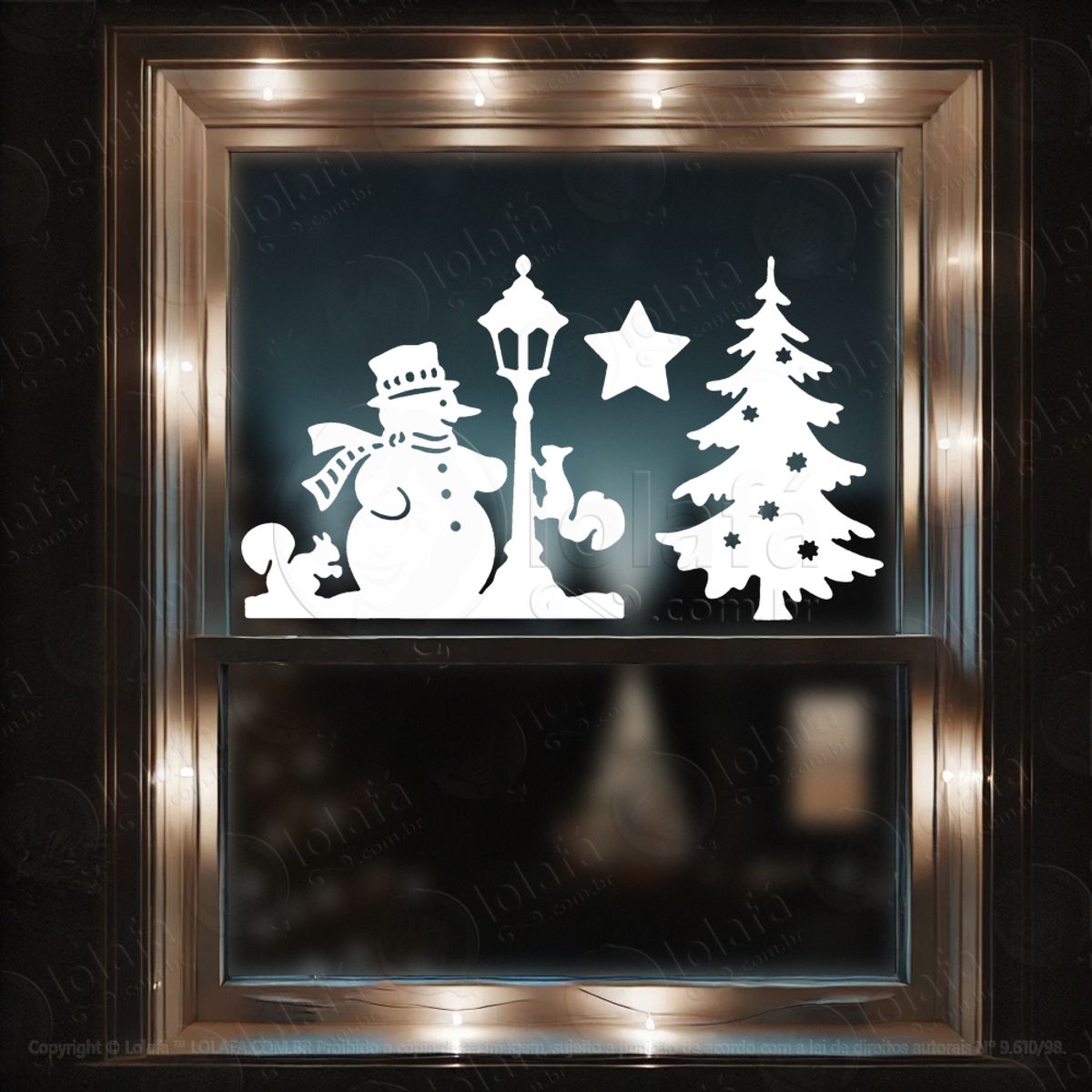 Boneco de Neve no Poste e Esquilos Adesivo de Natal para Vitrine, Parede, Porta - Fácil Remoção Mod:667
