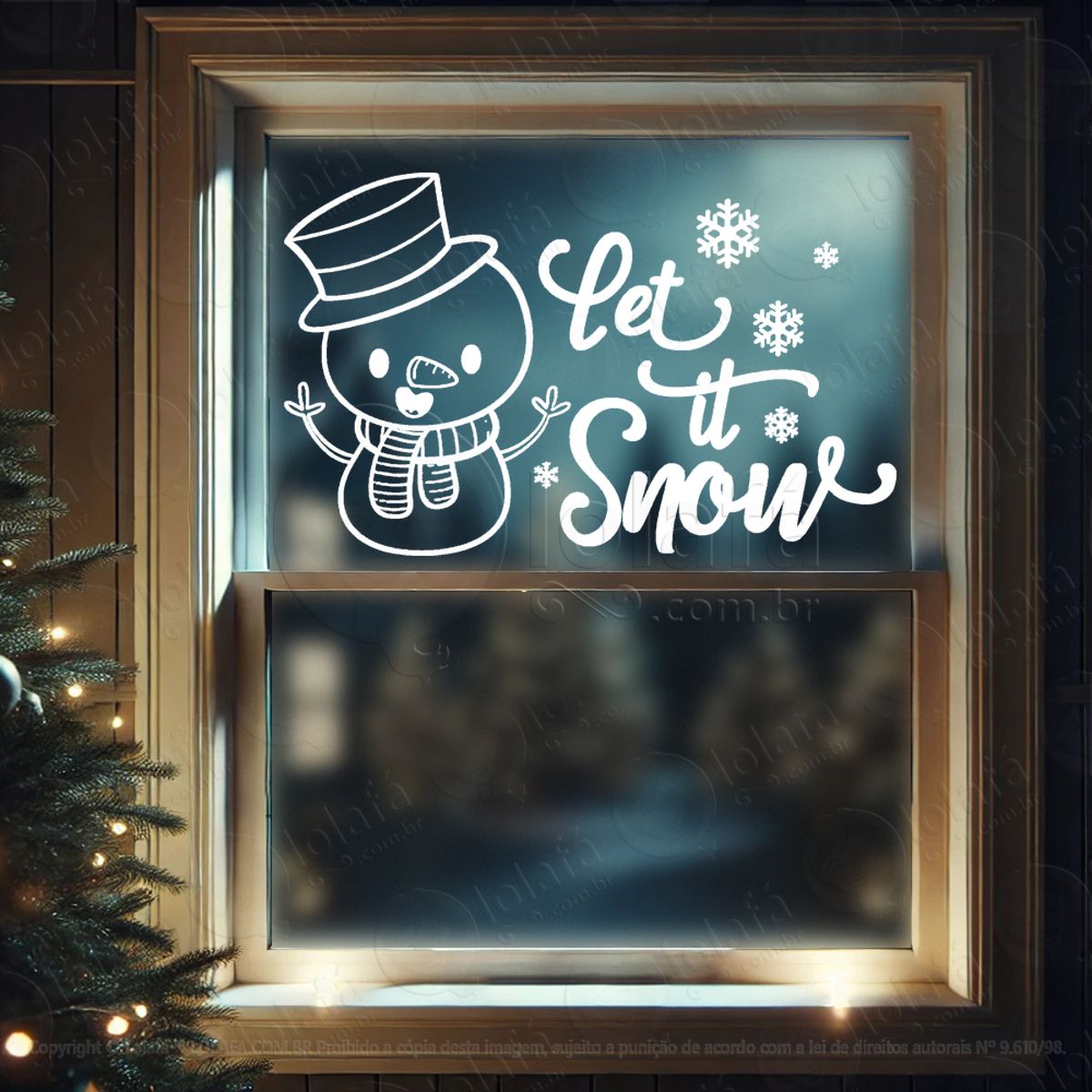 Boneco de Neve e Frase Let it Snow Adesivo de Natal para Vitrine, Parede, Porta - Fácil Remoção Mod:671