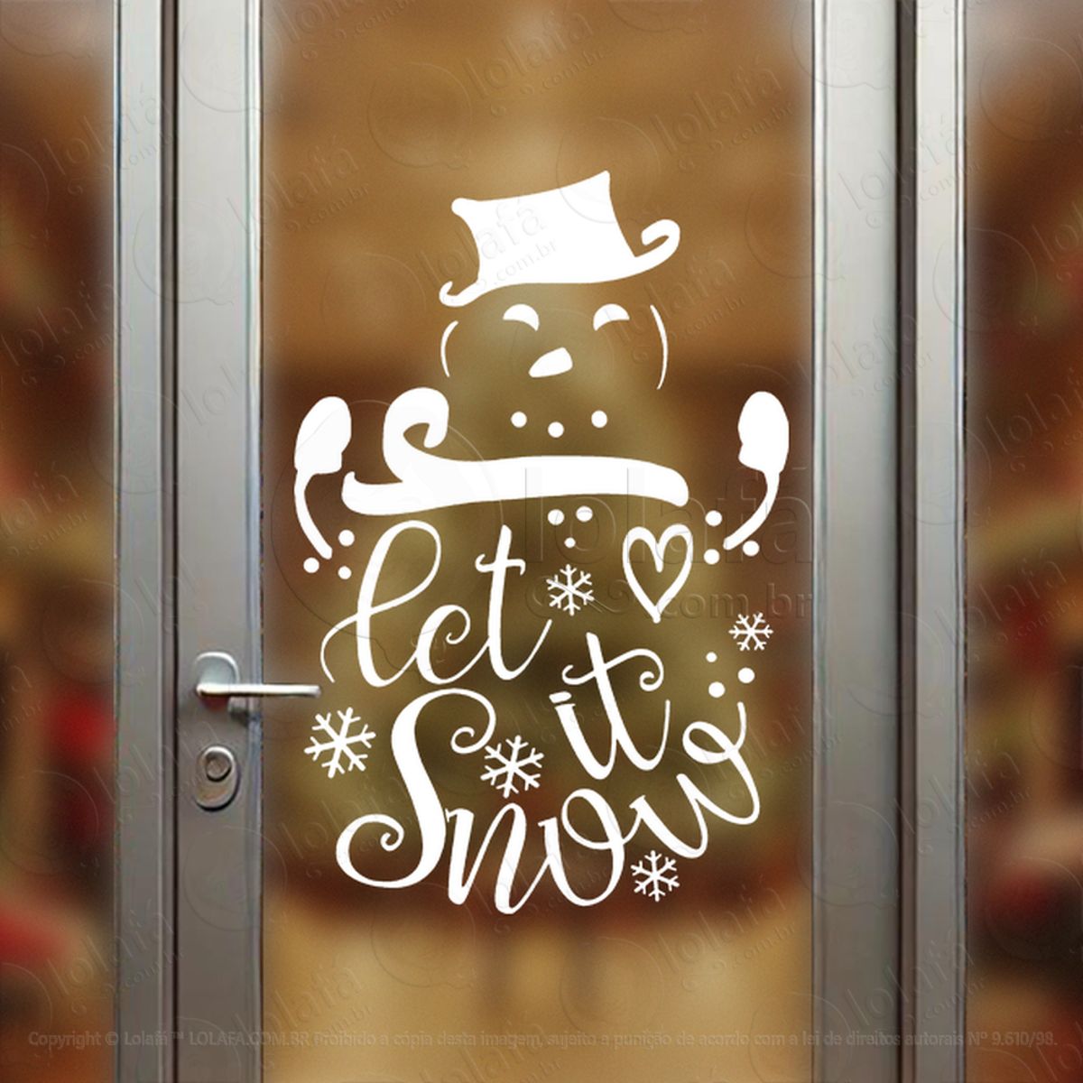 Boneco de Neve e Frase Let it Snow Adesivo de Natal para Vitrine, Parede, Porta - Fácil Remoção Mod:672
