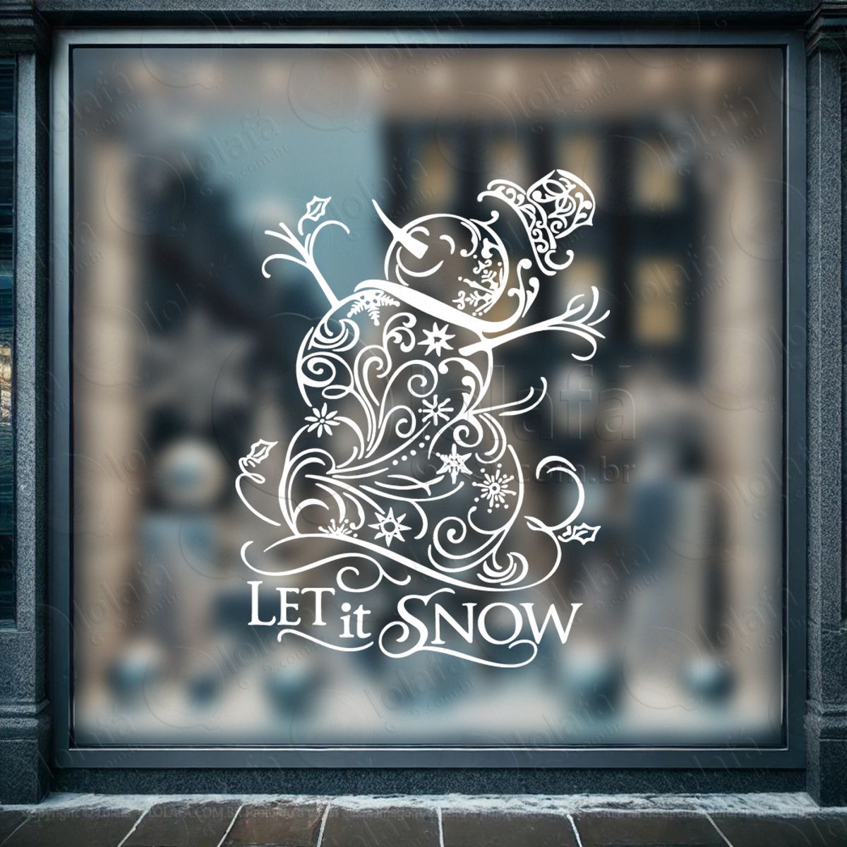 Boneco de Neve e Frase Let it Snow Adesivo de Natal para Vitrine, Parede, Porta - Fácil Remoção Mod:673