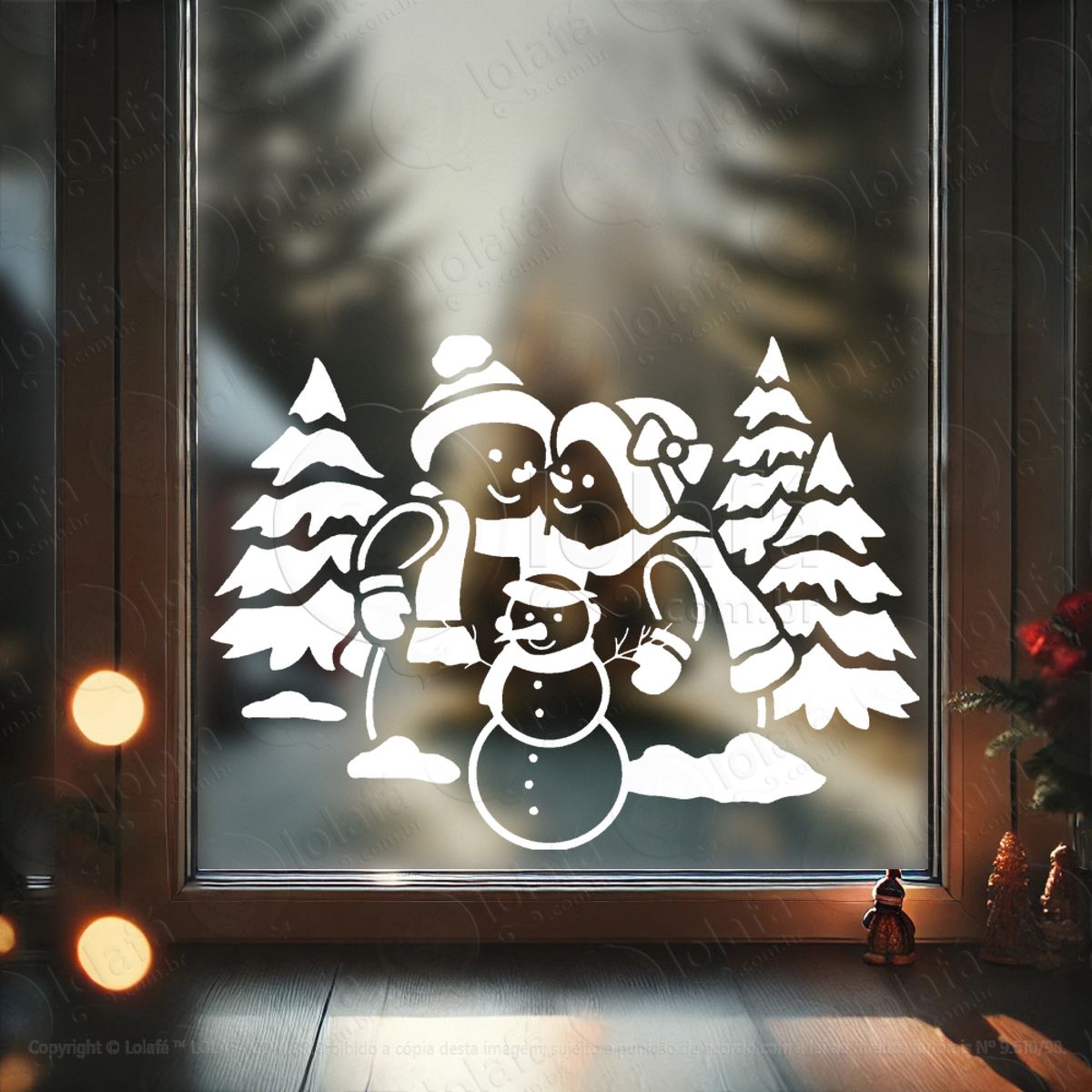 Bonecos de Neve Família com Árvores Adesivo de Natal para Vitrine, Parede, Porta - Fácil Remoção Mod:677