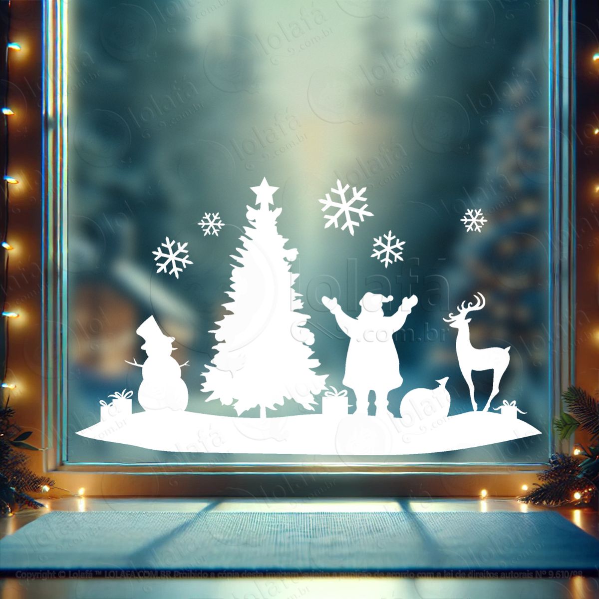 Cenário com Árvore Papai Noel Rena Adesivo de Natal para Vitrine, Parede, Porta - Fácil Remoção Mod:679