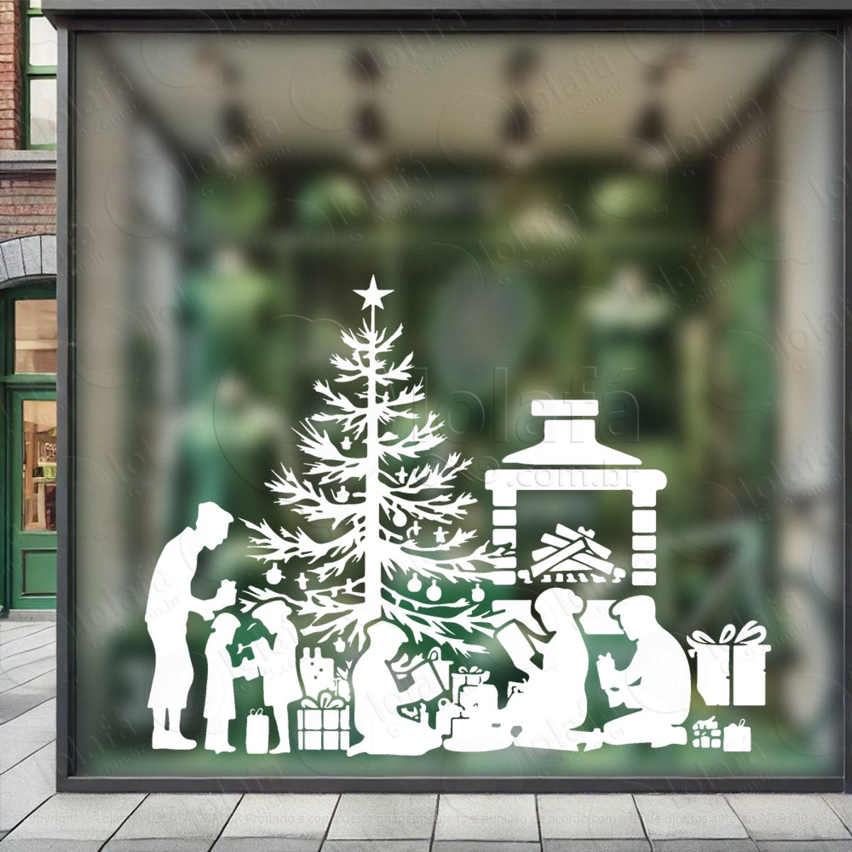 Cenário Família Decorando Árvore Adesivo de Natal para Vitrine, Parede, Porta - Fácil Remoção Mod:683