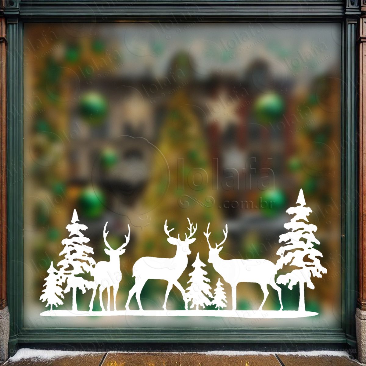 Cenário com Renas na Floresta Adesivo de Natal para Vitrine, Parede, Porta - Fácil Remoção Mod:684