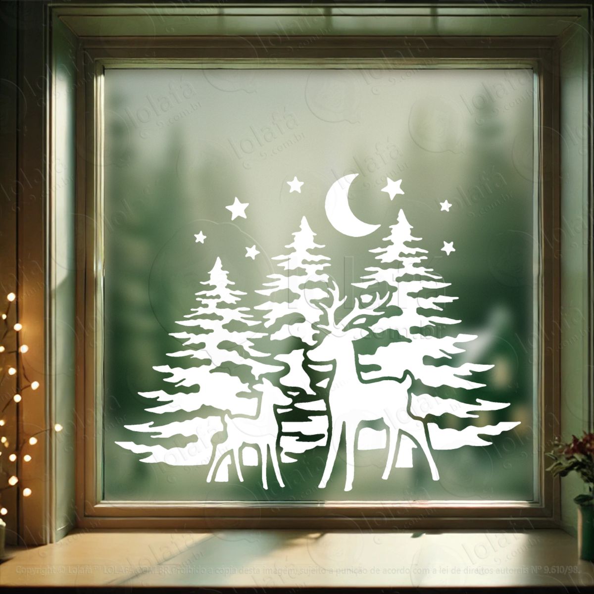 Cenário com Renas na Floresta Adesivo de Natal para Vitrine, Parede, Porta - Fácil Remoção Mod:686