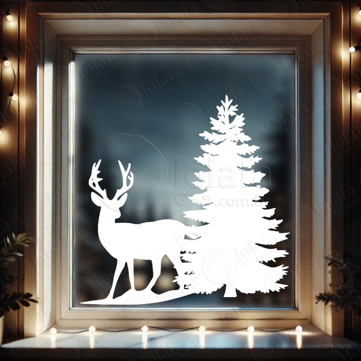 Cenário com Rena na Floresta Adesivo de Natal para Vitrine, Parede, Porta - Fácil Remoção Mod:688