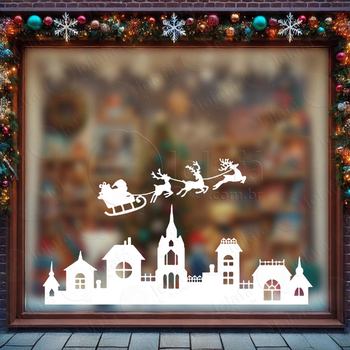 Trenó do Noel Voando na Cidade Adesivo de Natal para Vitrine, Parede, Porta - Fácil Remoção Mod:690