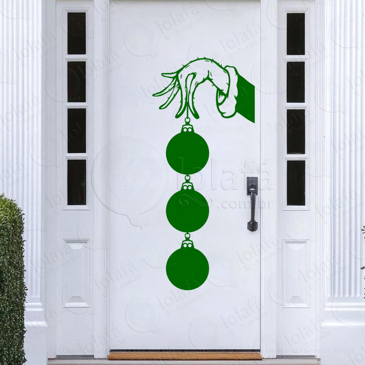 Mão do Grinch com Bolas de Natal Adesivo de Natal para Vitrine, Parede, Porta - Fácil Remoção Mod:709