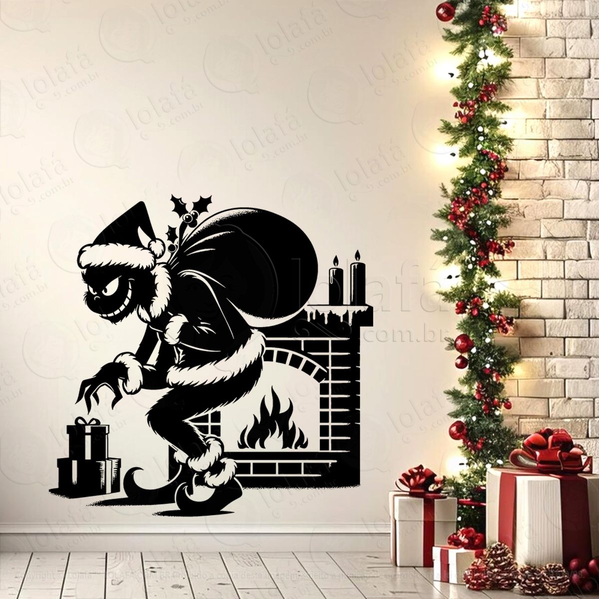 Grinch Pegando Presentes na Lareira Adesivo de Natal para Vitrine, Parede, Porta - Fácil Remoção Mod:713