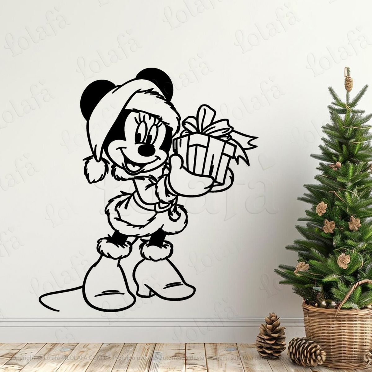 Minnie de Mamãe Noel com Presente Adesivo de Natal para Vitrine, Parede, Porta - Fácil Remoção Mod:724
