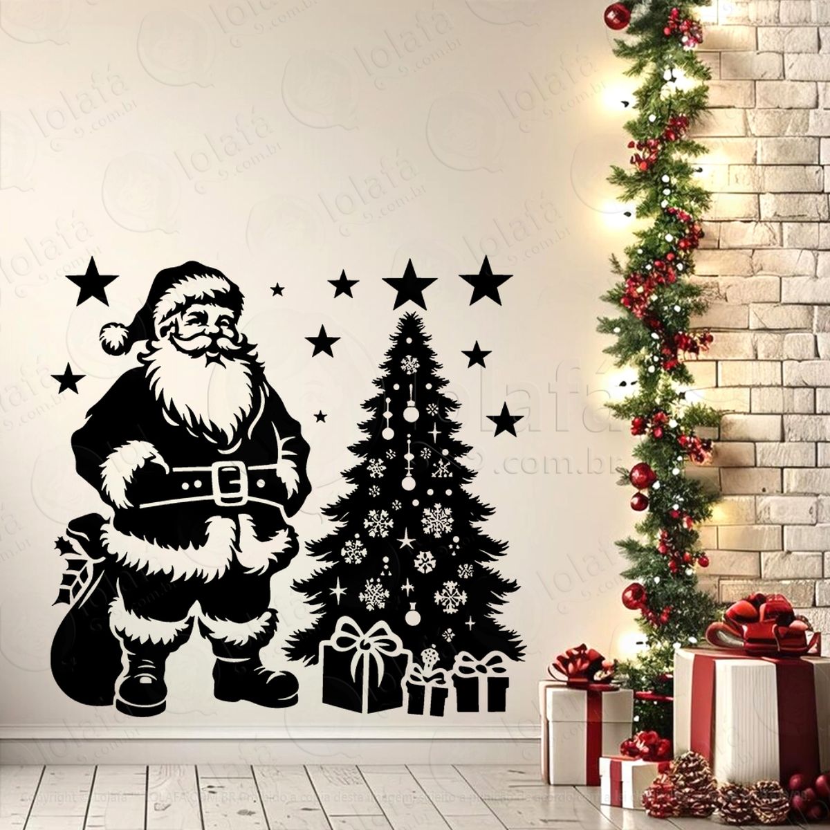 Papai Noel com Árvore de Natal Adesivo de Natal para Vitrine, Parede, Porta - Fácil Remoção Mod:738