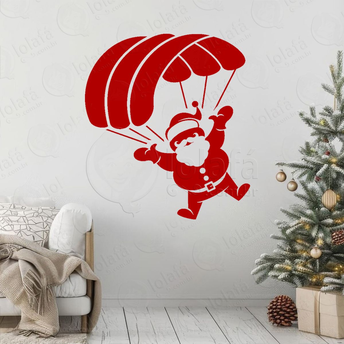 Papai Noel Caindo de Paraquedas Adesivo de Natal para Vitrine, Parede, Porta - Fácil Remoção Mod:740
