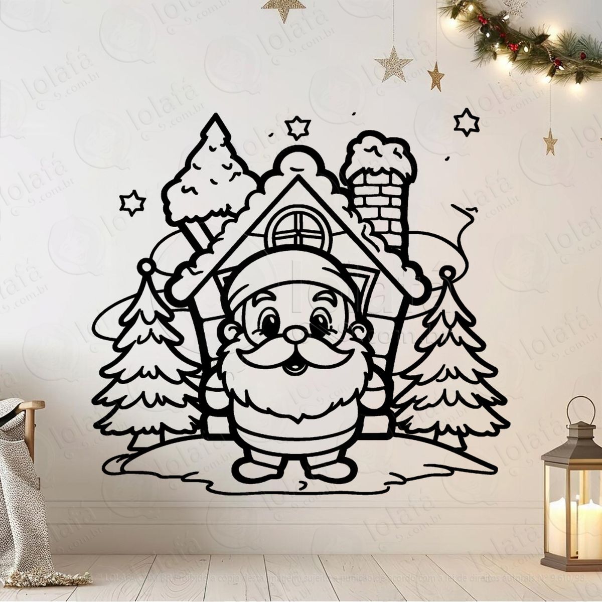 Papai Noel em sua Casa na Floresta Adesivo de Natal para Vitrine, Parede, Porta - Fácil Remoção Mod:741