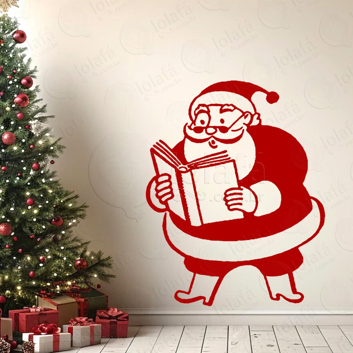 Papai Noel Lendo um Livro Adesivo de Natal para Vitrine, Parede, Porta - Fácil Remoção Mod:746